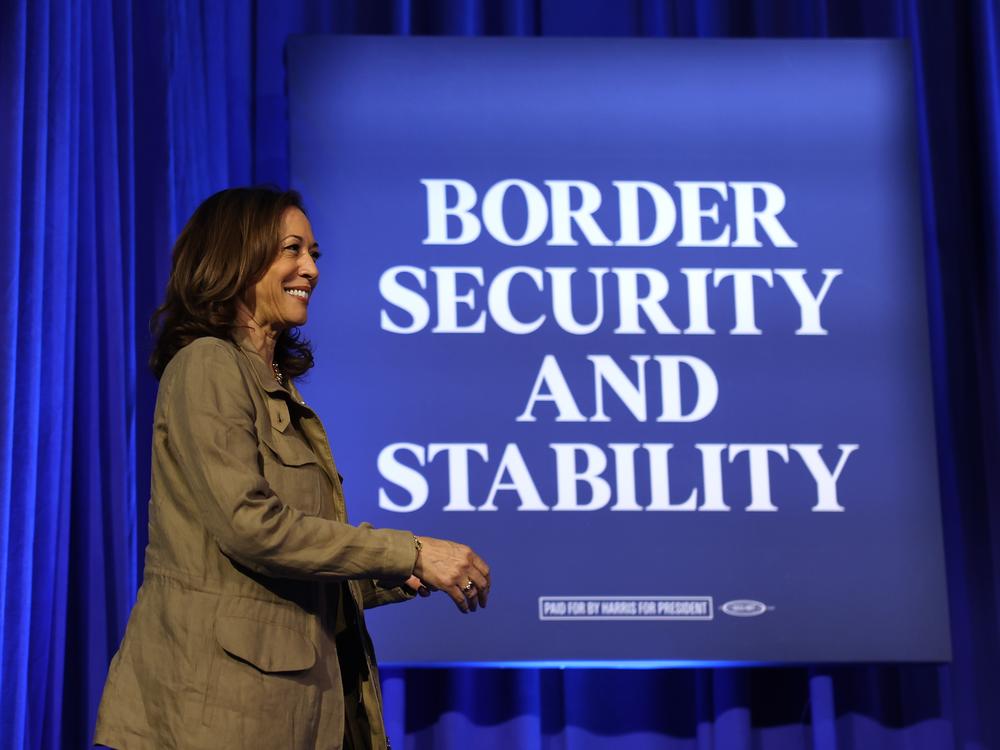 Vice President Harris walks on stage at Cochise College in Douglas, Ariz., on Sept. 27.