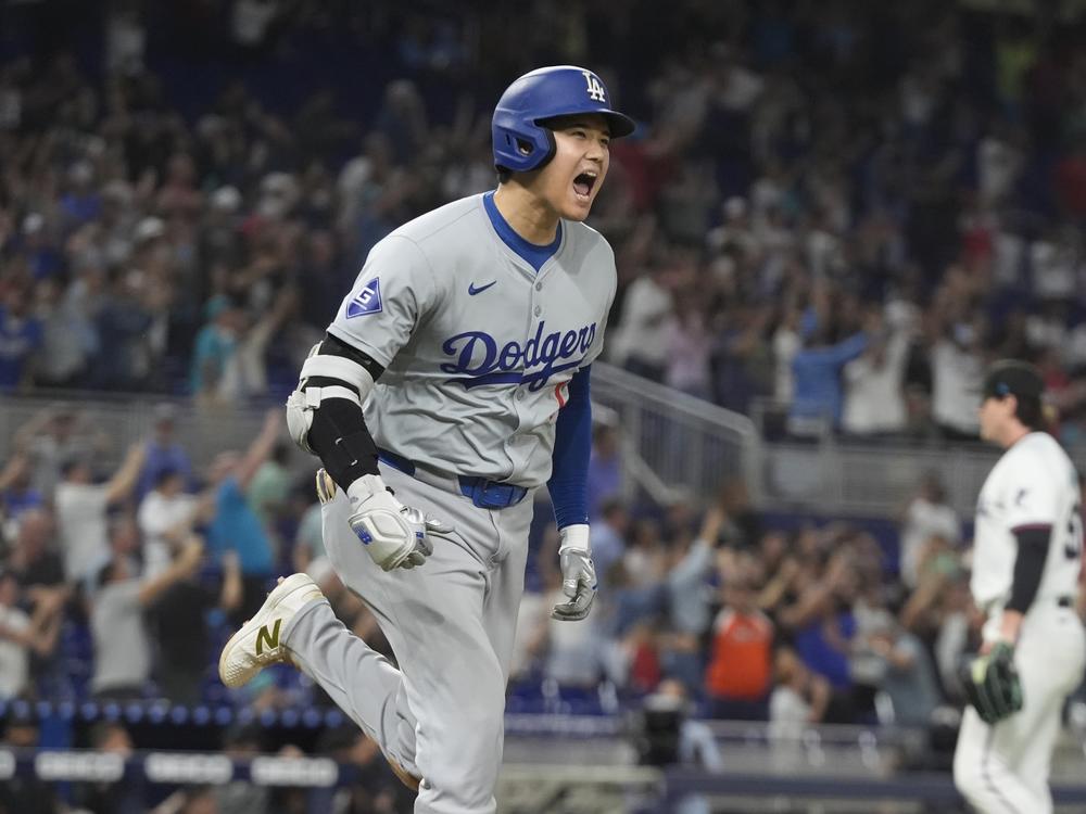 Los Angeles Dodgers' Shohei Ohtani hit his 50th homerun of the season during the seventh inning of a baseball game against the Miami Marlins on Sept. 19 in Miami.