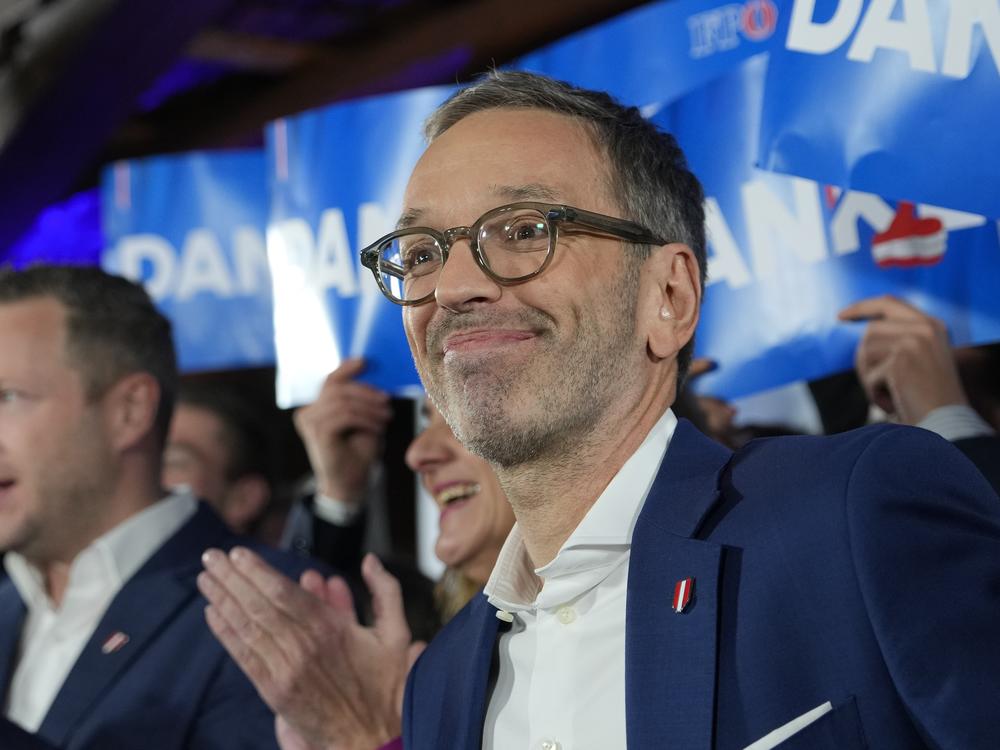 Herbert Kickl, leader of the Freedom Party of Austria, celebrates with supporters, in Vienna on Sunday, Sept. 29, 2024, after polls closed in the country's national election.