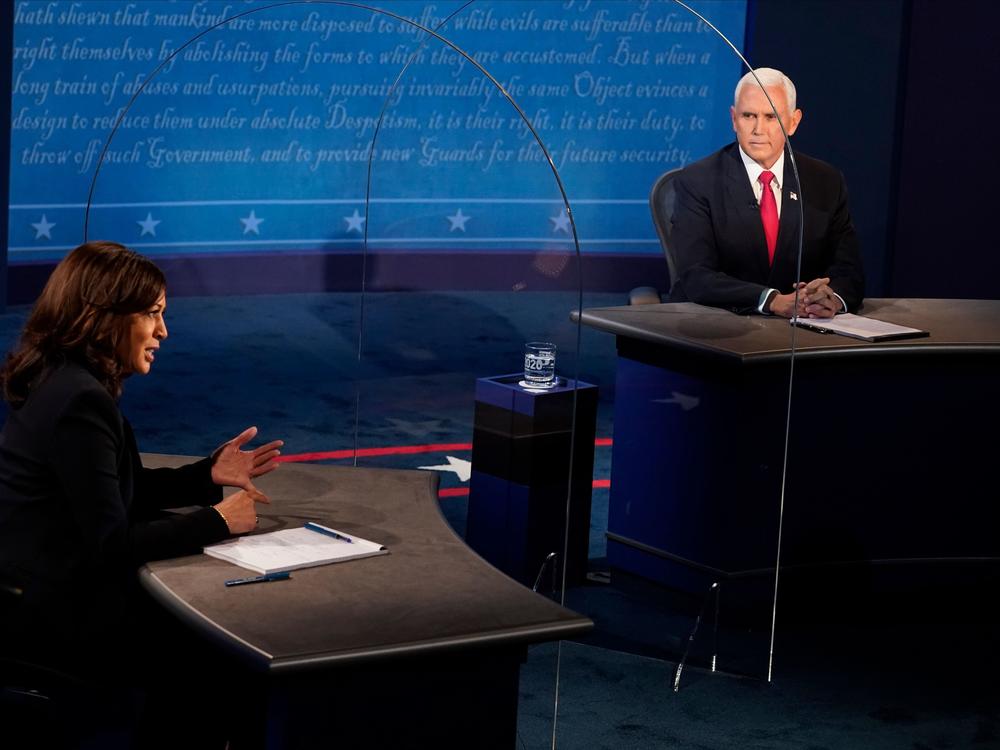 Democratic vice presidential nominee Kamala Harris speaks during the vice presidential debate with Vice President Mike Pence on October 7, 2020, at Kingsbury Hall on the campus of the University of Utah in Salt Lake City.