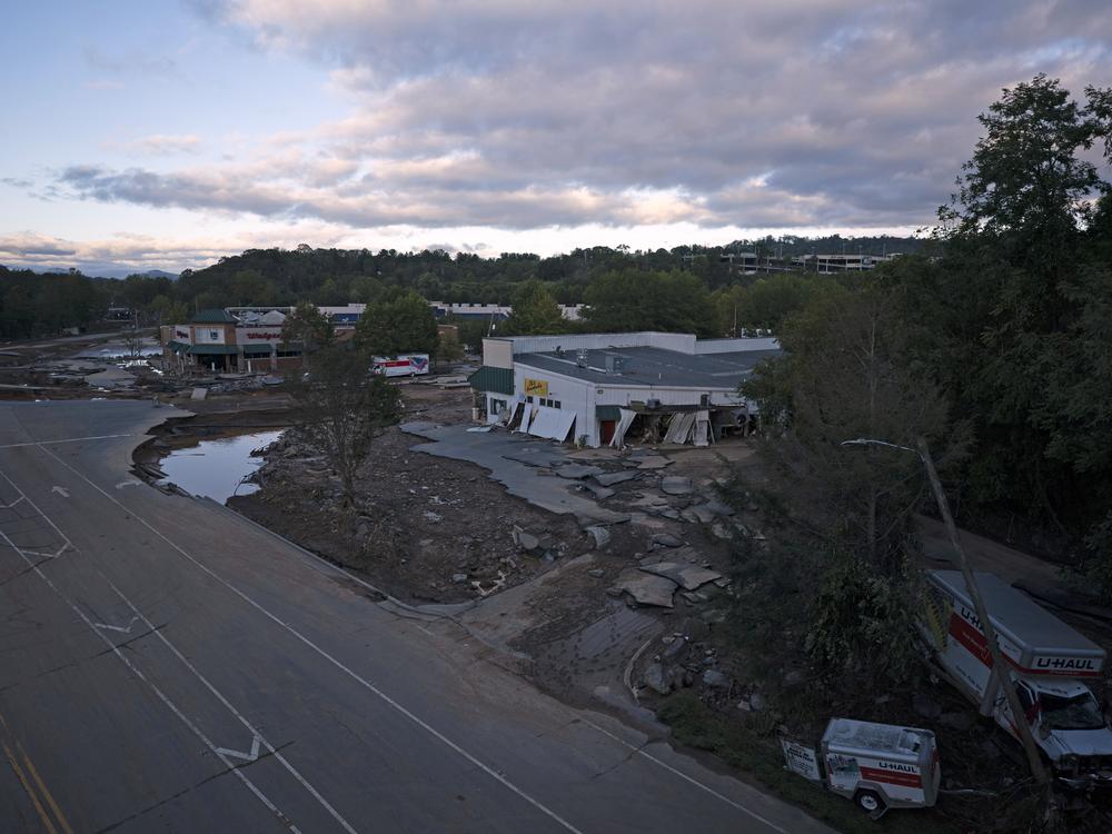 Flood damage in the aftermath of Hurricane Helene is seen on Sunday in Asheville, N.C.