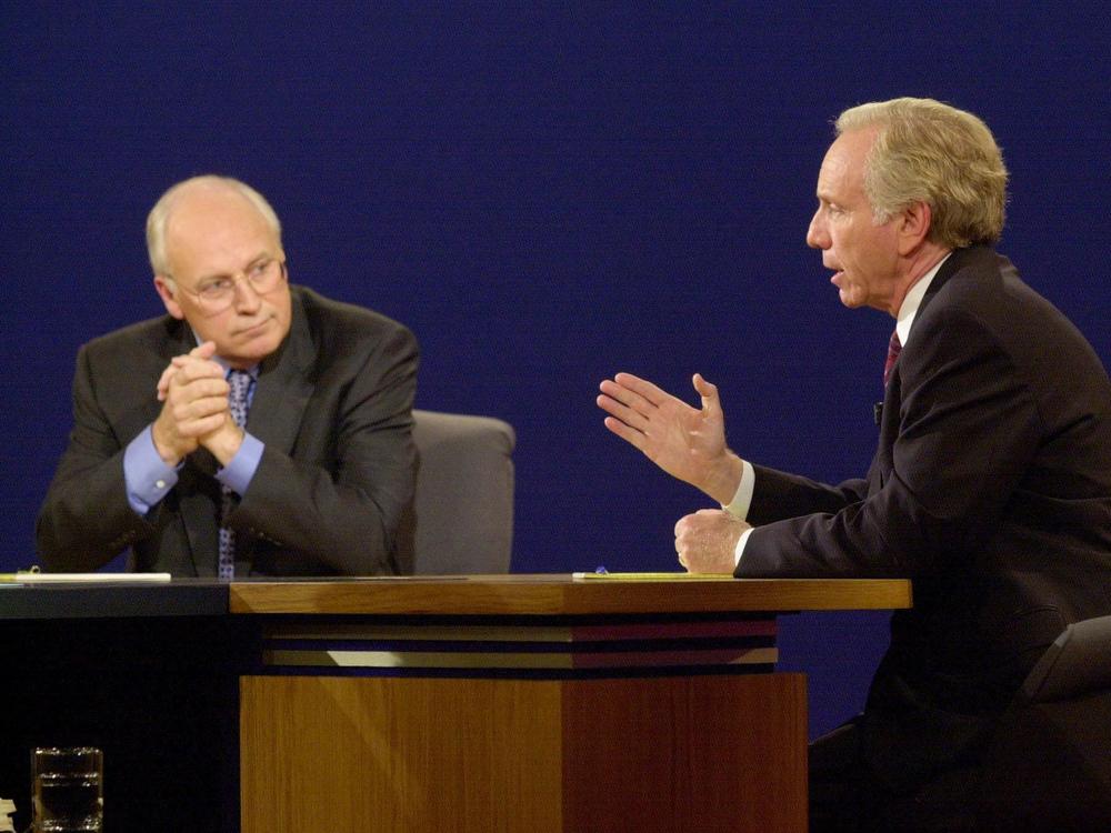 Democratic vice presidential candidate Joseph Lieberman (R) speaks as he debates his Republican opponent Richard Cheney (L) Oct. 5, 2000, at Centre College's Norton Center for the Arts in Danville, Ky.