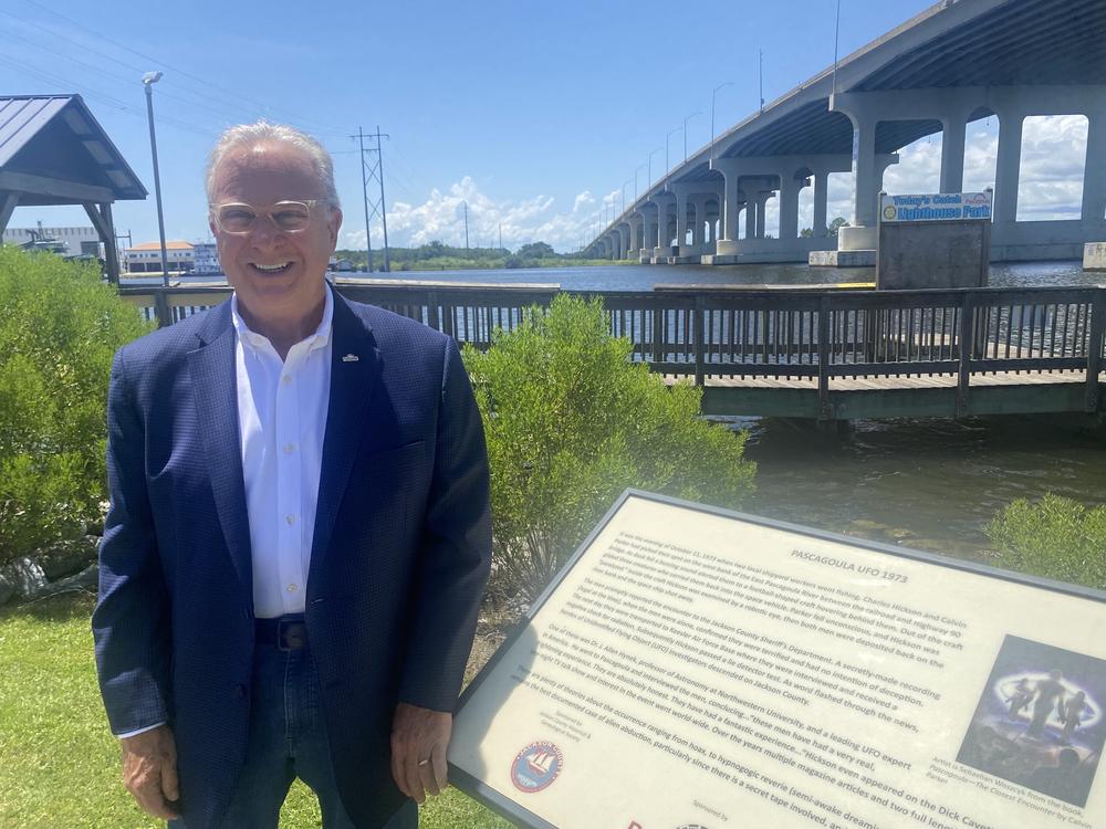 Pascagoula Mayor Jay Willis stands next to a historical marker that claims aliens came from outer space and abducted two local men in 1973. 