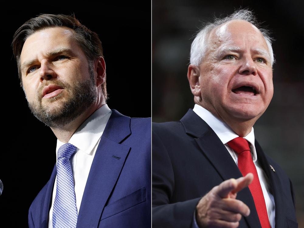 Left: Republican vice presidential nominee Sen. JD Vance of Ohio speaks at a campaign rally on July 30 in Reno, Nevada. Right: Democratic vice presidential candidate Minnesota Gov. Tim Walz speaks during a campaign rally with his running mate, Vice President Harris, at the University of Las Vegas Thomas & Mack Center on August 10 in Las Vegas.