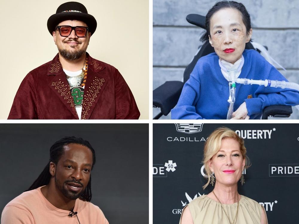 There are 22 MacArthur fellows this year. They include (clockwise from left) filmmaker Sterlin Harjo, disability justice activist Alice Wong, scholar and writer Ruha Benjamin, poet and educator Juan Felipe Herrera, artist and performer Justin Vivian Bond, and poet Jericho Brown.