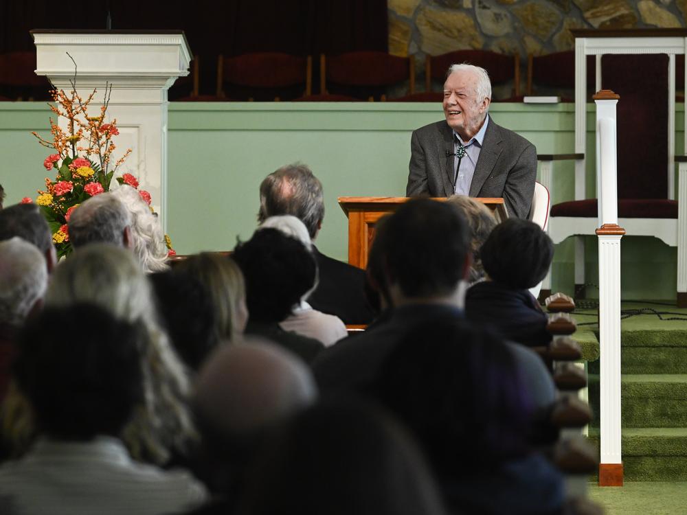 Carter teaches Sunday school at Maranatha Baptist Church in November 2019, in Plains, Ga. He regularly taught Sunday school <a href=
