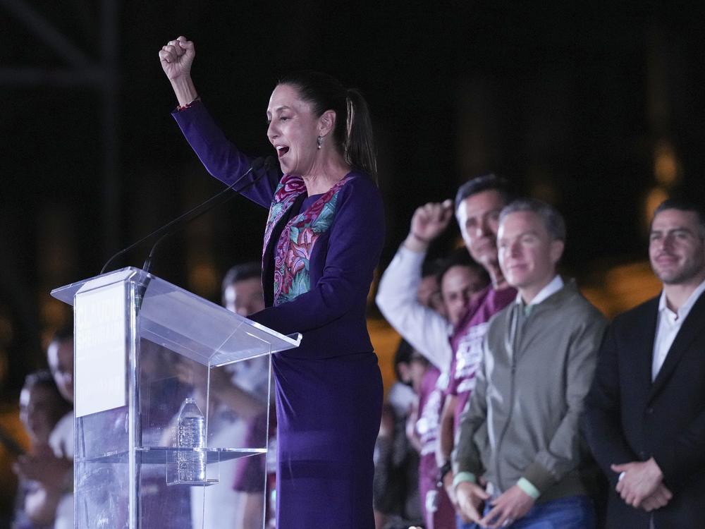Ruling party presidential candidate Claudia Sheinbaum addresses supporters at the Zocalo, Mexico City's main square, after the National Electoral Institute announced she held an irreversible lead in the election, June 3, 2024.