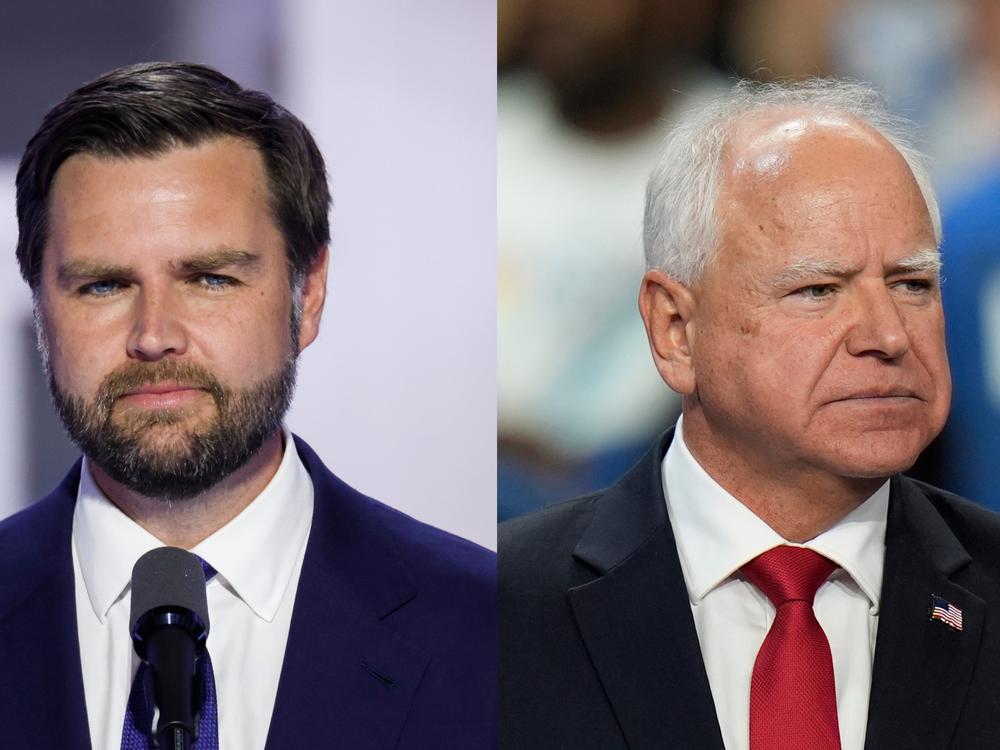 Left: Republican vice presidential candidate Sen. JD Vance (R-Ohio) speaks during the Republican National Convention in July. Right: Democratic vice presidential nominee Minnesota Gov. Tim Walz speaks at a campaign rally at the University of Nevada, Las Vegas, in August.
