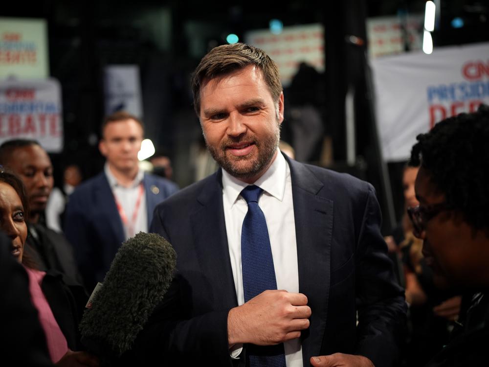 U.S. Sen. JD Vance (R-Ohio) speaks to reporters in the spin room after the CNN Presidential Debate in June 2024 in Atlanta, Ga.