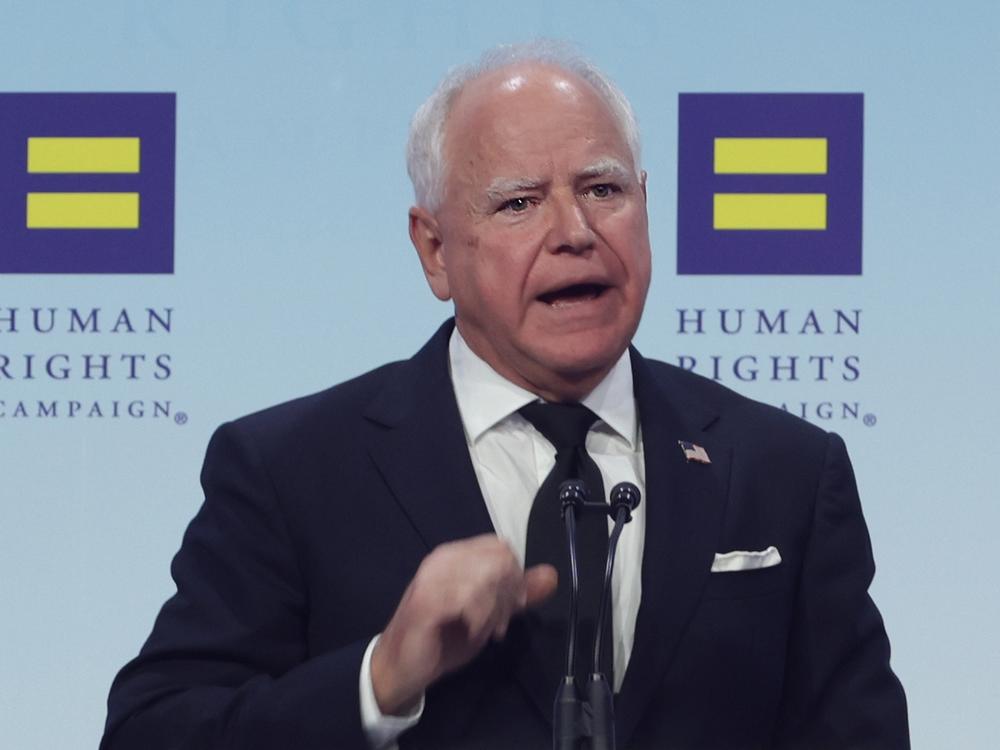 Minnesota Gov. Tim Walz, running for vice president, addresses the 2024 Human Rights Campaign National Dinner in September. (Photo by Alex Wong/Getty Images)