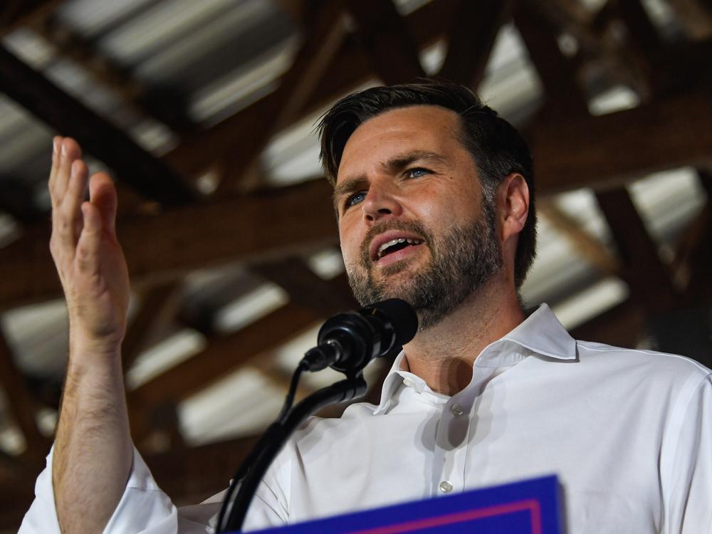 Republican vice presidential nominee JD Vance speaks to a crowd during a rally at the Berks County Fairgrounds on Sept. 21, in Leesport, Penn.