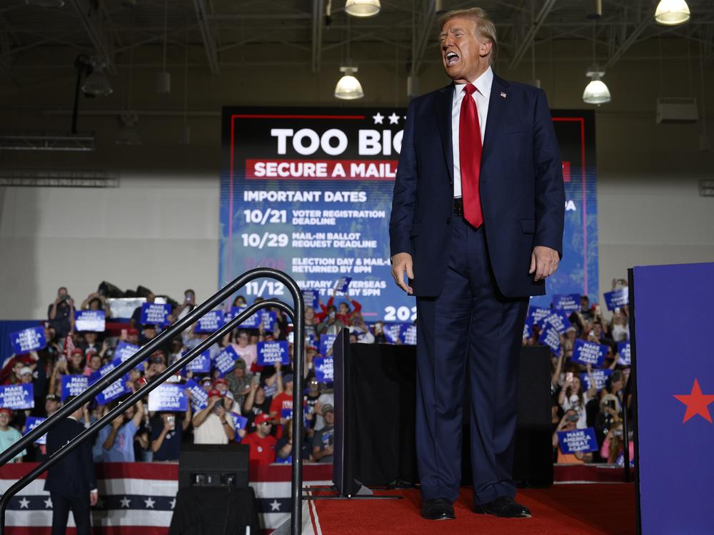 Republican presidential nominee, former President Donald Trump speaks at a campaign rally Sunday in Erie, Pennsylvania. Trump continues to campaign in battleground swing states ahead of the final day of voting on November 5, Election Day.