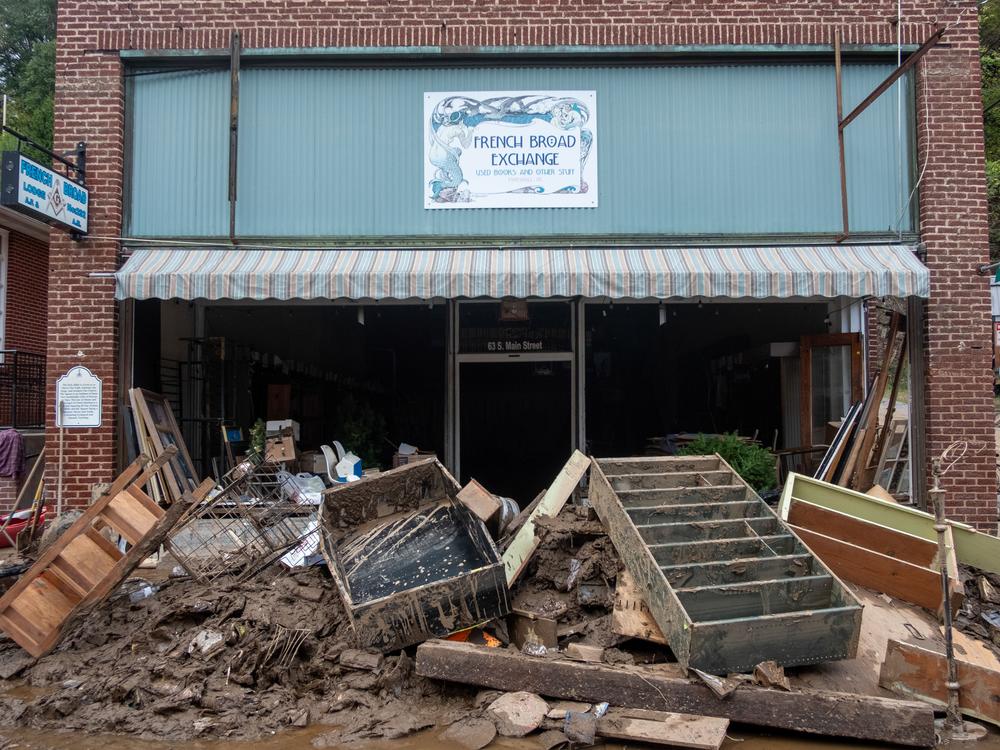 The town's used book store is named for the river that usually makes this area popular with tourists. The French Broad River crested over 24 feet at its highest point during Helene, and the high-water mark is still visible on all the buildings.