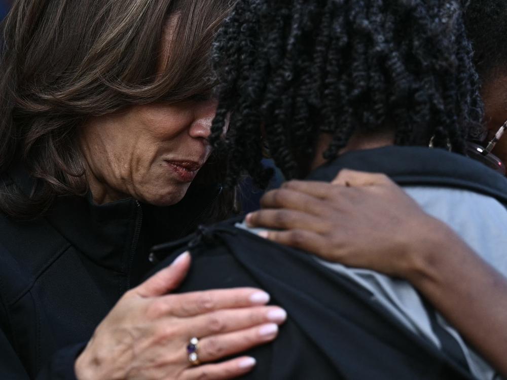 Vice President Harris consoles a woman as she toured damage from Hurricane Helene in the Meadowbrook neighborhood of Augusta, Ga., on Oct. 2.