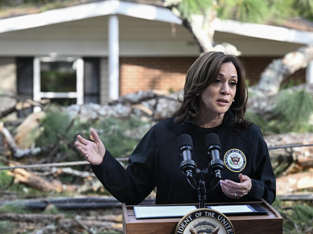 Vice President Harris speaks about damage caused by Hurricane Helene in Augusta, Ga., on Oct. 2.