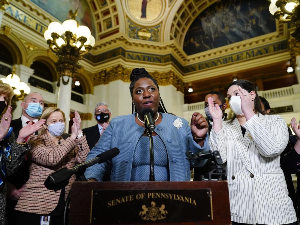 In a photo from 2022, then-House Democratic Leader Joanna McClinton spoke to reporters after a budget address from the governor in Harrisburg, Pa., on Feb. 8. Later that year, Democrats would take control of the Pennsylvania House and elect McClinton as House speaker in 2023. She is the first woman and first woman of color to hold the post in Pennsylvania history.