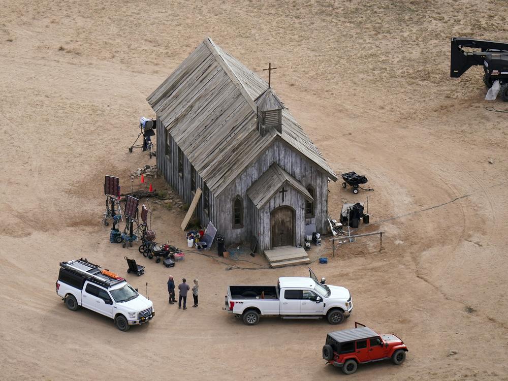 This aerial photo shows the Bonanza Creek Ranch in Santa Fe, N.M., on Oct. 23, 2021, a set location used for the film <em>Rust</em>. The Western movie will premiere for the first time next month in Poland.