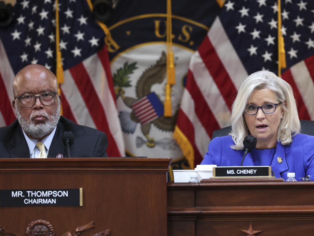 Liz Cheney (right) presides alongside Rep. Bennie Thompson (D-Miss.) over a hearing on the January 6th investigation on June 09, 2022 on Capitol Hill. Cheney has said she will vote for Kamala Harris because she believes Donald Trump poses a danger to American democracy.<br><br>