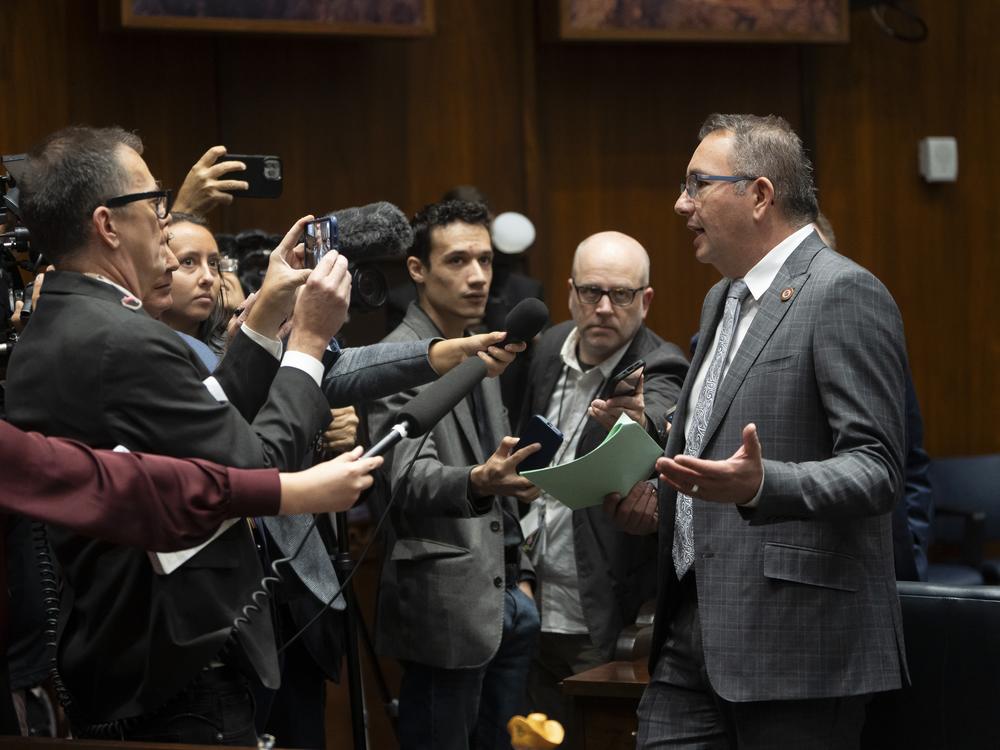 Arizona State Rep. and House Speaker Ben Toma speaks to reporters during a legislative session at the Arizona House of Representatives on April 17 in Phoenix when Arizona House Republicans blocked the Democrats from holding a vote to overturn the 1864 abortion ban. Later, the legislature voted to overturn the ban.