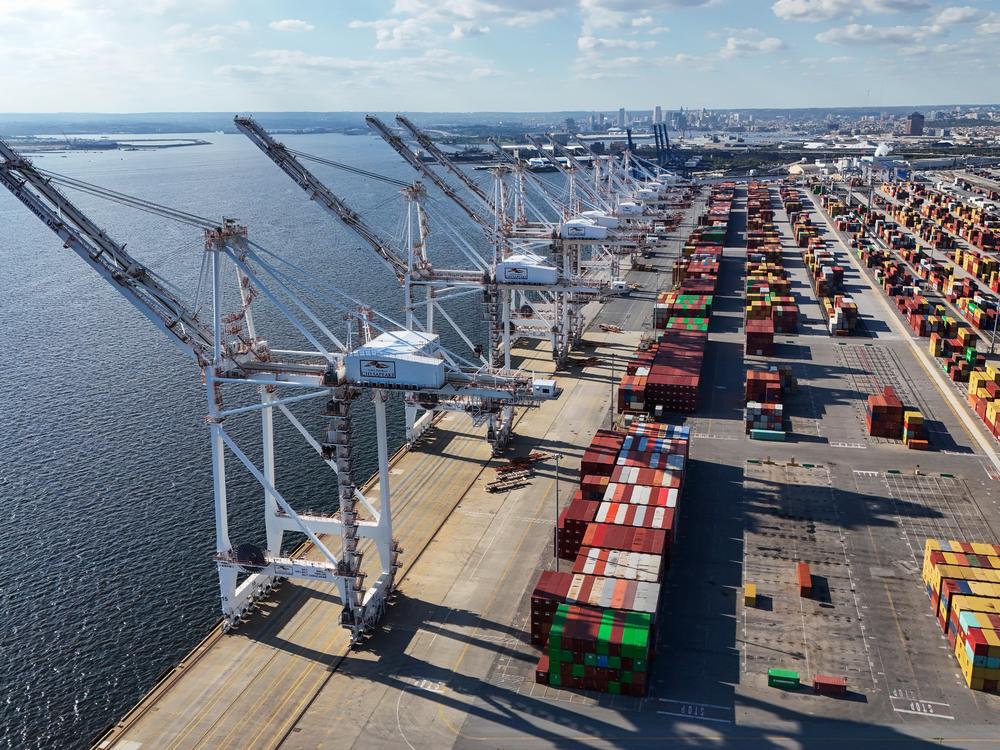 Shipping containers sit piled at the Port of Baltimore on Sept. 21, 2018.