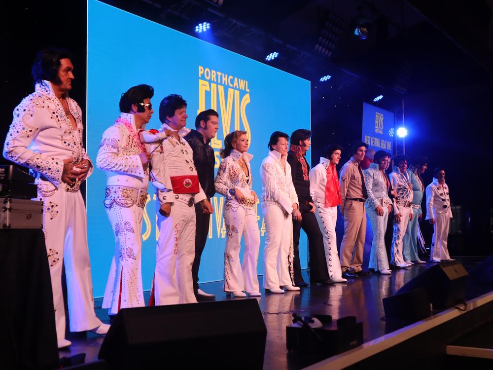 Elvis tribute artists on stage in Porthcawl in Wales.