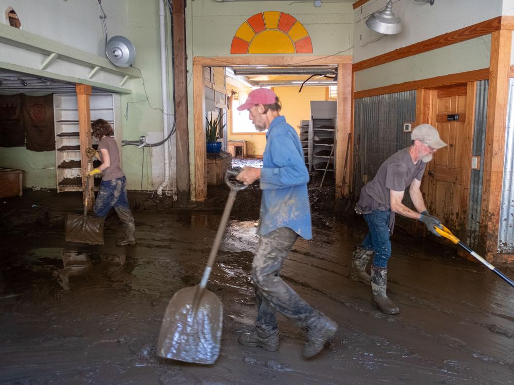 Residents work hard to shovel the mud out of Marshall, N.C.'s natural grocery store. French Broad River, which runs through town, crested over 24 feet during Tropical Storm Helene. The river level has gone down, but left behind knee-deep sediment inside the buildings.