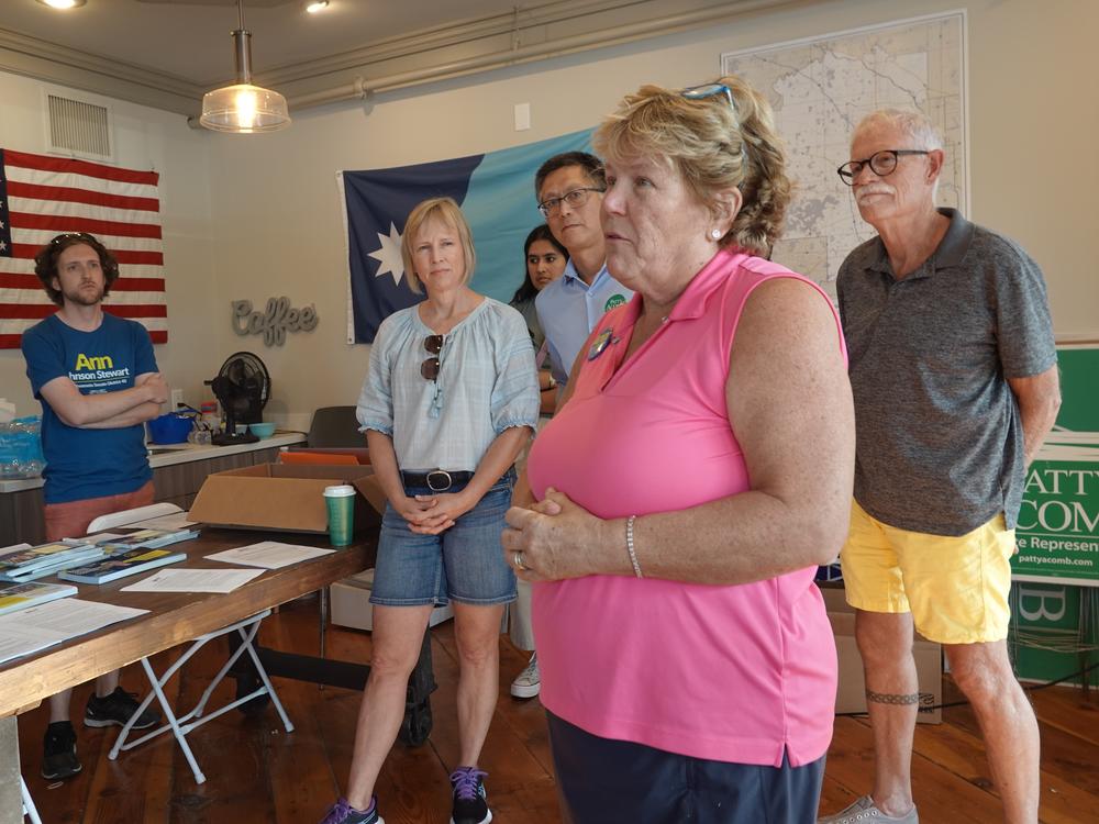 Ann Johnson Stewart, a Democrat running for an open state Senate seat in Minnesota, speaks with campaign volunteers ahead of a door-knock event in the suburbs west of Minneapolis.