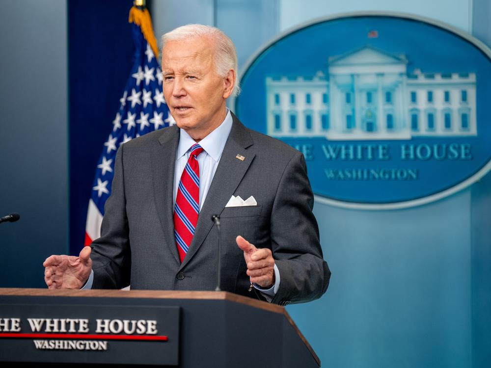 President Biden speaks during a news conference in the Brady Press Briefing Room at the White House on Friday. Biden made a surprise appearance, his first in the briefing room since becoming president, to tout a positive job report and take questions from reporters.