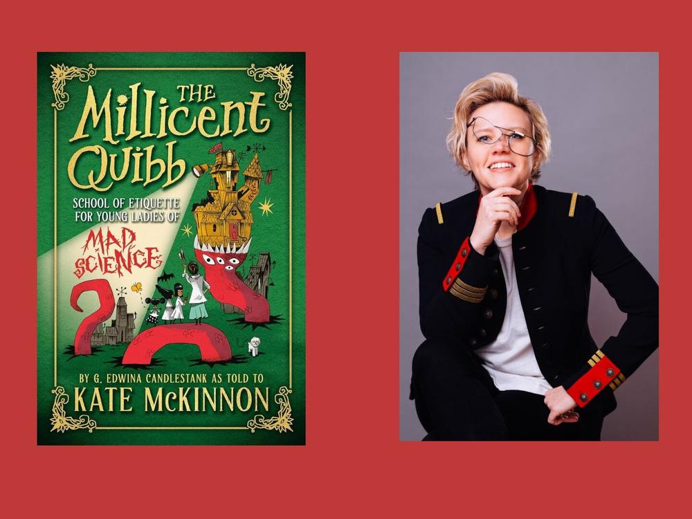 Comedian and author Kate McKinnon with the cover of her new book.