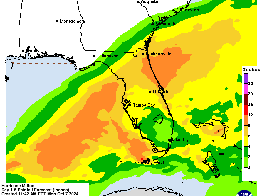 Hurricane Milton is expected to bring 5 to 10 inches — and in some cases up to 15 — of rainfall to parts of Florida this week.