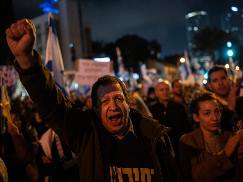 Demonstrators gather in Tel Aviv to protest against Israeli Prime Minister Benjamin Netanyahu's government and to call for the release of hostages still held in Gaza, on Feb. 24.