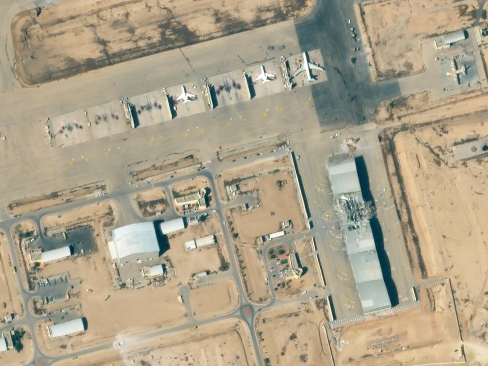 An image of Nevatim Airbase taken on Oct. 2 shows damage to a hangar and a taxiway caused by Iranian missile strikes.