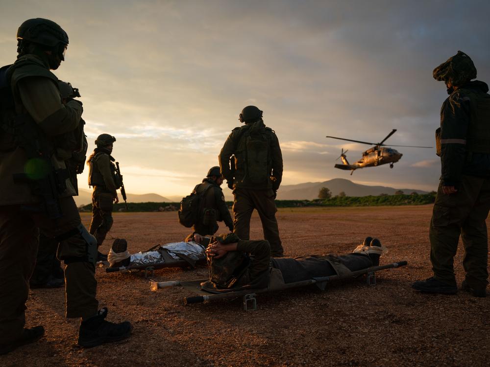 Israeli soldiers practice evacuating wounded people with a helicopter during a military drill in northern Israel, in preparation for a potential escalation in the conflict between Israel and the Hezbollah militant group in Lebanon, on Feb. 20.