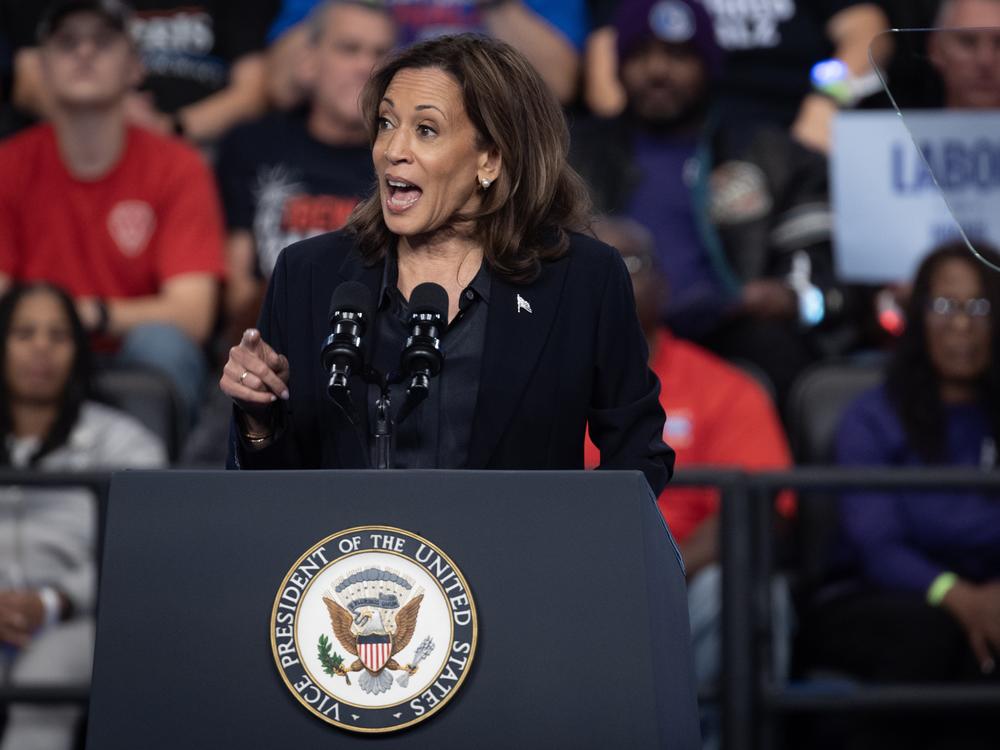 Vice President Harris speaks during a rally on Oct. 4 in Flint, Mich.