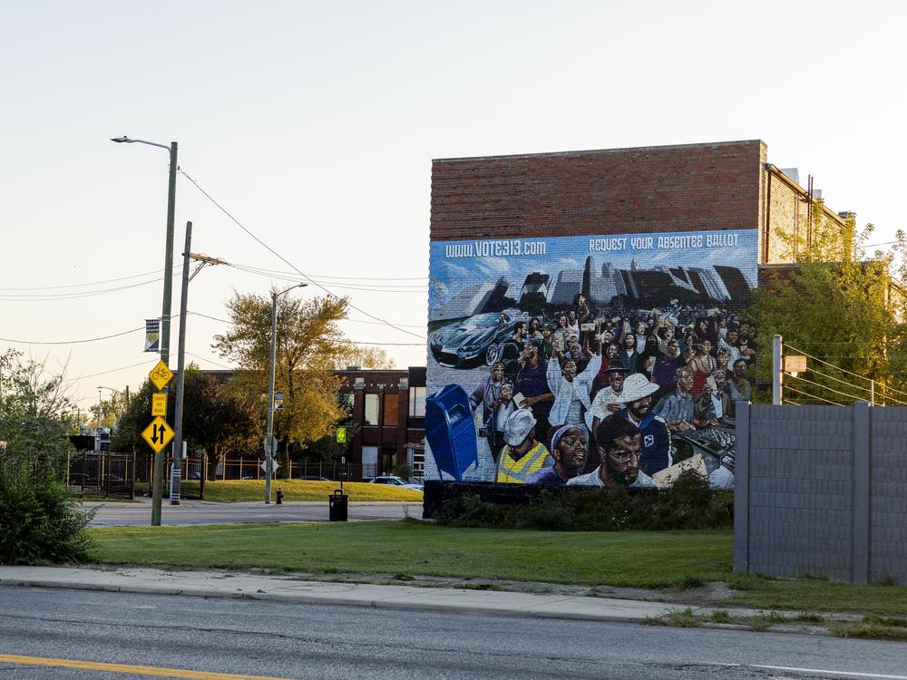 A mural by artist Jacob Dwyer encouraging people to vote on Oct. 5, 2024 in Detroit, Mich.