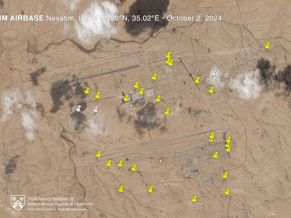 Researchers counted about 32 points where missiles landed around Nevatim Airbase in southern Israel. Israel says no fighter jets were destroyed and the base continues to operate.