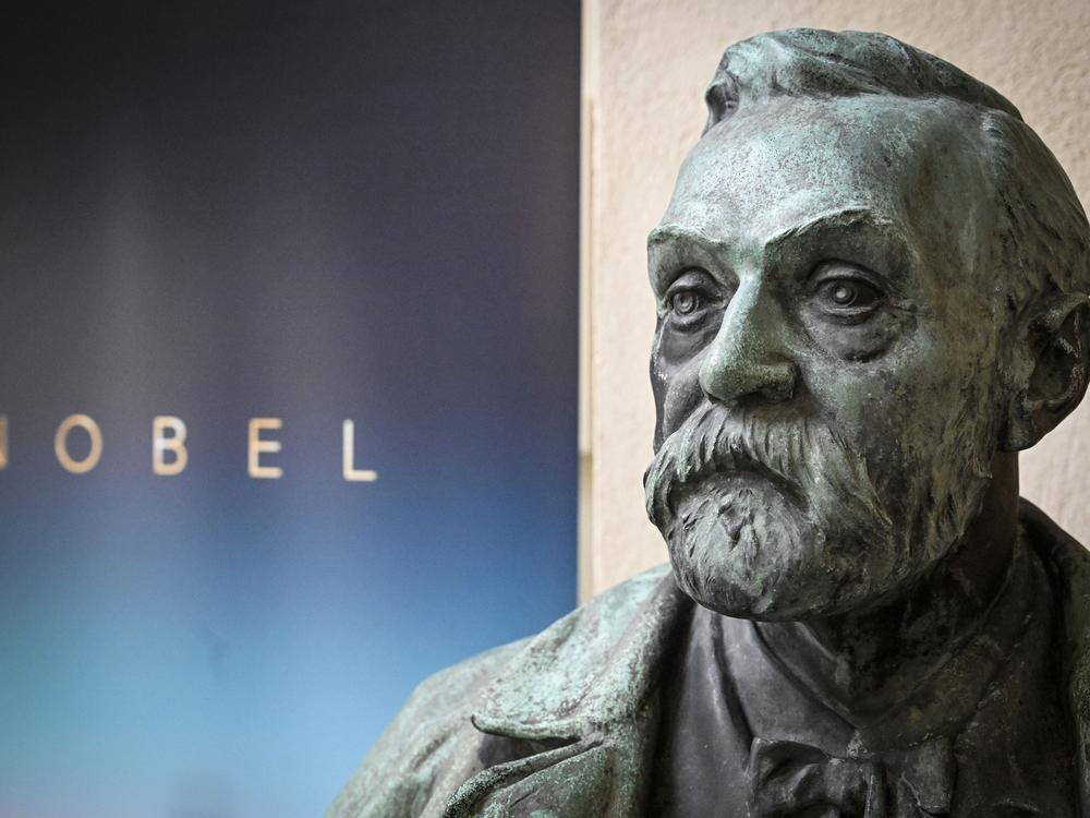 A bust of Alfred Nobel on display following a press conference at the Karolinska Institute in Stockholm, Sweden, on Monday.