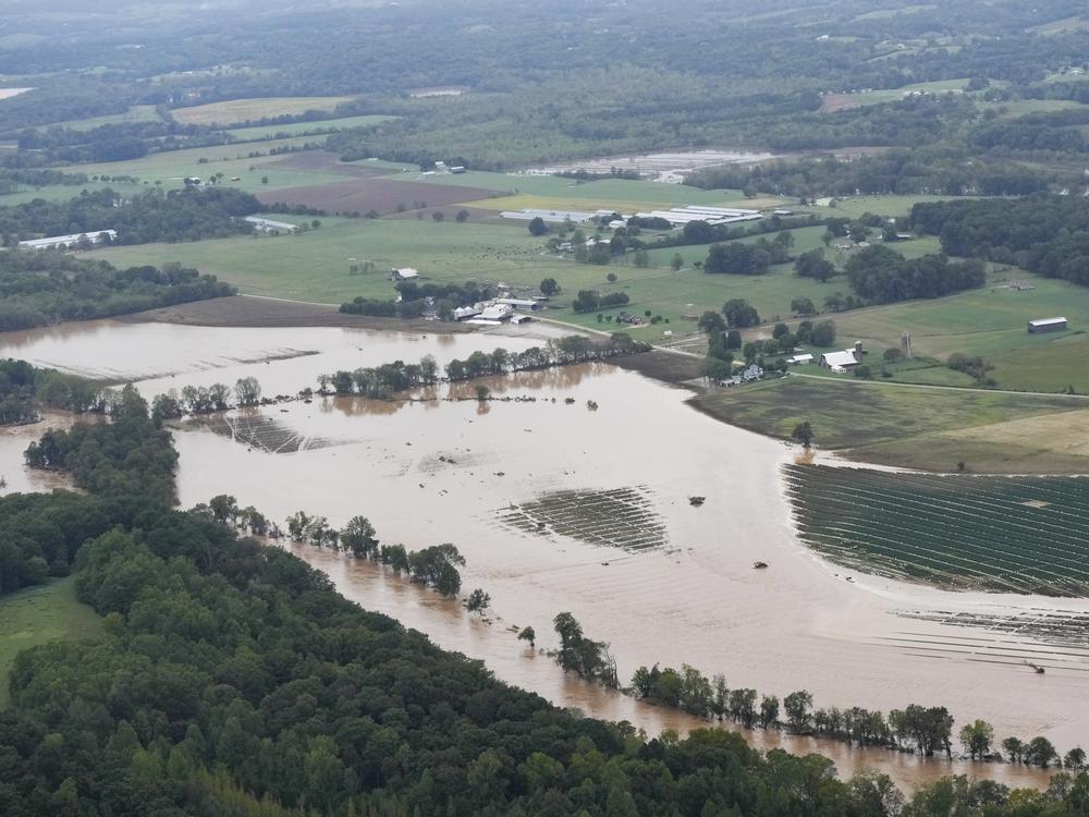 An aerial view shows flood damage left by Hurricane Helene along the Nolichucky River in norteastern Tennessee on Sept. 28. ecovery has been slow in the mountainous area of eastern Tennessee and western North Carolina.