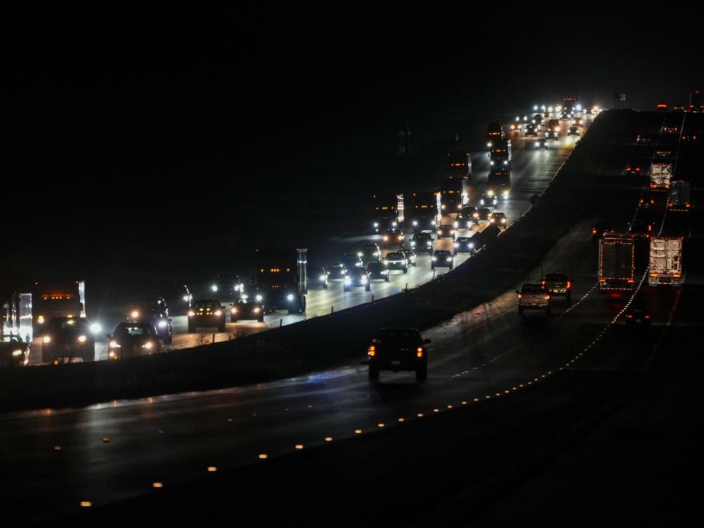Heavy traffic flows northbound on Interstate 75 as people evacuate the Tampa Bay area ahead of Hurricane Milton's arrival late Monday, Oct. 7, 2024, in Ocala, Fla.