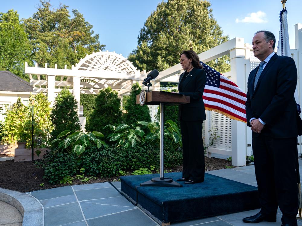 Vice President Harris speaks at the vice president's residence at the U.S. Naval Observatory on Oct. 7, in Washington, D.C. Harris and second gentleman Doug Emhoff marked the one-year anniversary of the Oct. 7 attacks in Israel by planting a memorial tree.