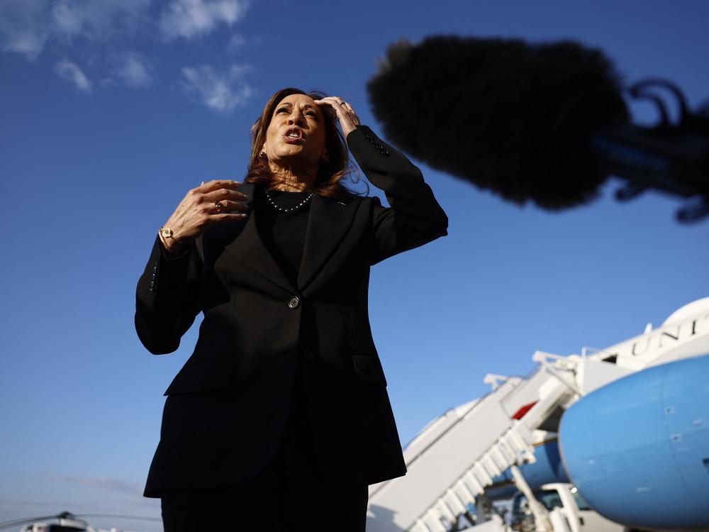 Vice President Harris speaks to media members before departing for New York at Joint Base Andrews in Maryland on Monday. Harris appeared on the CBS news magazine <em>60 Minutes </em>on Monday, where she answered questions about her economic plans, the war in Ukraine and the U.S.-Mexico border.