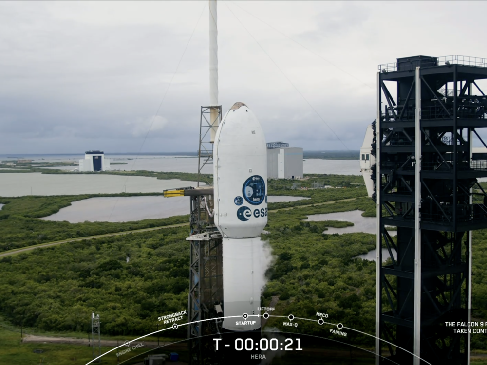 An image captured from a SpaceX livestream shows the European Space Agency's Hera spacecraft preparing to lift off on a SpaceX Falcon 9 rocket from Cape Canaveral Space Force Station in Florida on Monday.