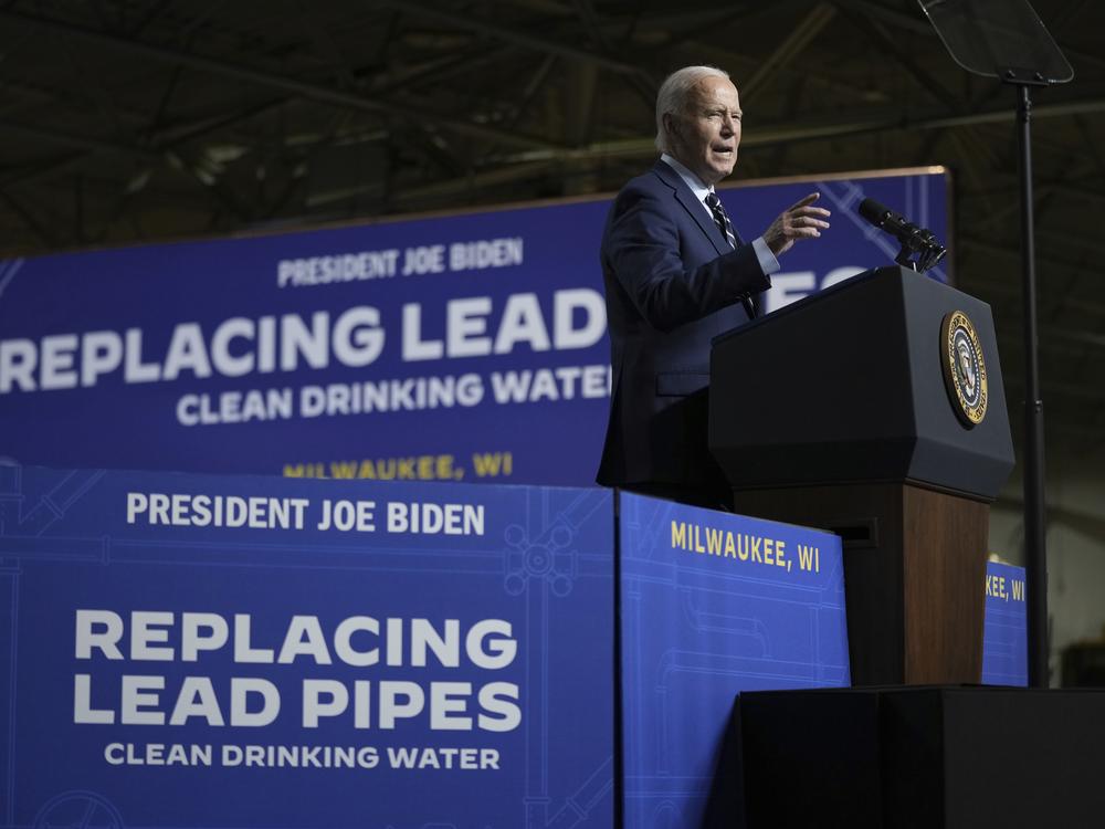 President Biden speaks at an event at the Milwaukee Department of Public Works in Milwaukee, Tuesday, Oct. 8, 2024, to discuss his administration's progress in replacing lead pipes in Wisconsin and across the country.