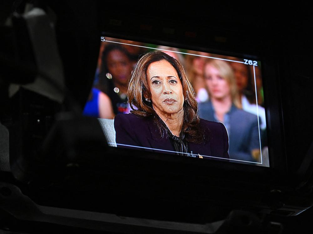 Vice President Harris appears on screen during a taping with Oprah Winfrey on Sept. 19. Harris is on a media blitz this week that includes stops on <em>The View </em>on ABC<em>,</em> <em>The Howard Stern Show</em> and <em>The Late Show With Stephen Colbert</em> on CBS.