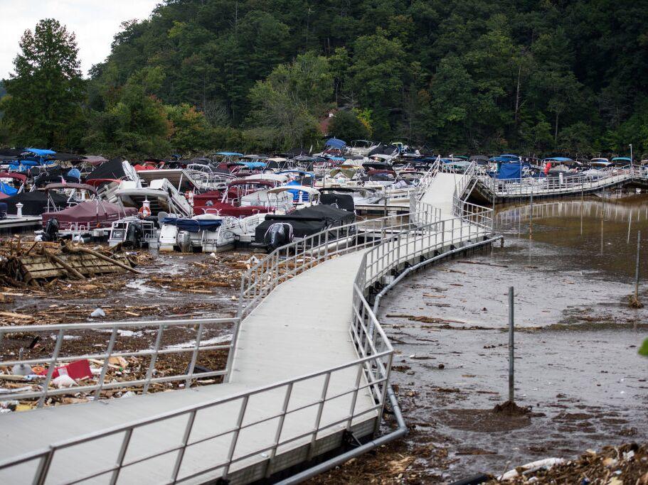 The Rocky Broad River flows into Lake Lure, North Carolina. After heavy rains from Hurricane Helene, the river brought debris from a neighboring community into the town on September 28, 2024. A new study finds that rainfall from Helene was about 10% heavier because of human-caused climate change.