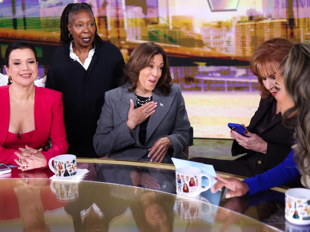 Vice President Harris talks to hosts of ABC's <em>The View</em> during a commercial break on Oct. 8.