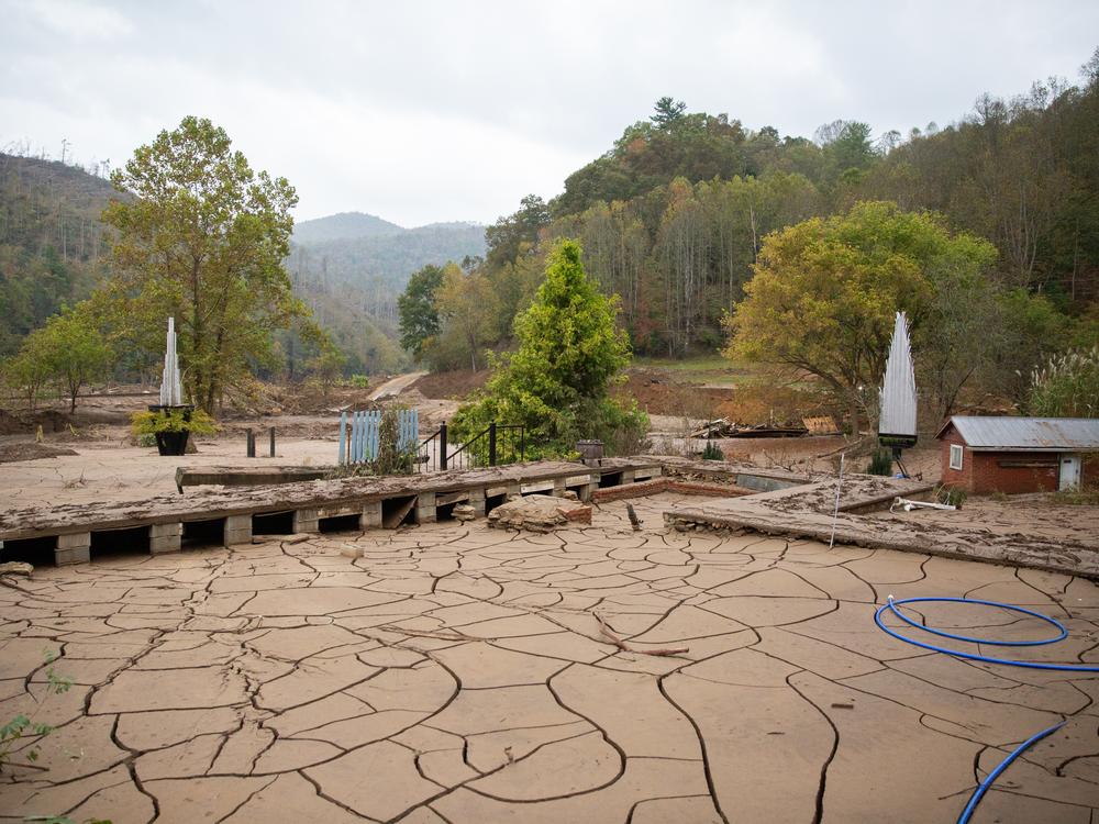 The 1910 home of Poplar resident Patrick Toups stood on this spot before it was swept away by Tropical Storm Helene's floodwaters. Toups is an artist and welder, and about the only things left standing are his metal sculptures and the black railings he built for the front porch steps.