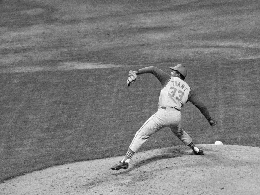 Luis Tiant of the Cleveland Indians pitches against the New York Yankees in the fourth inning at Yankee Stadium in 1968.