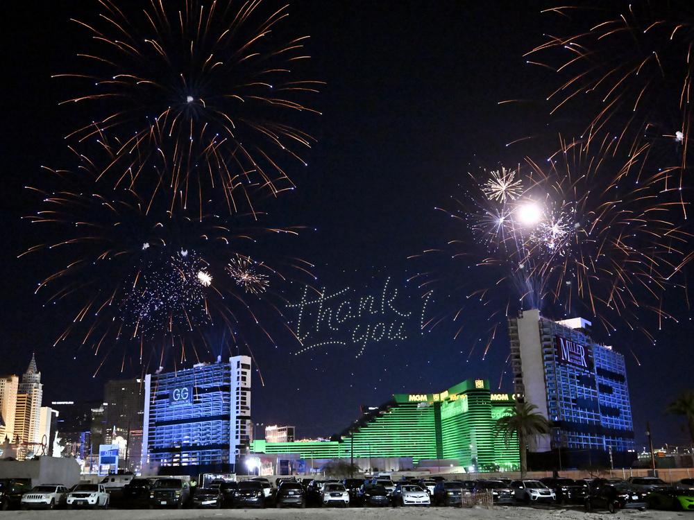 Fireworks are launched before the Tropicana Las Vegas towers are imploded on Wednesday.