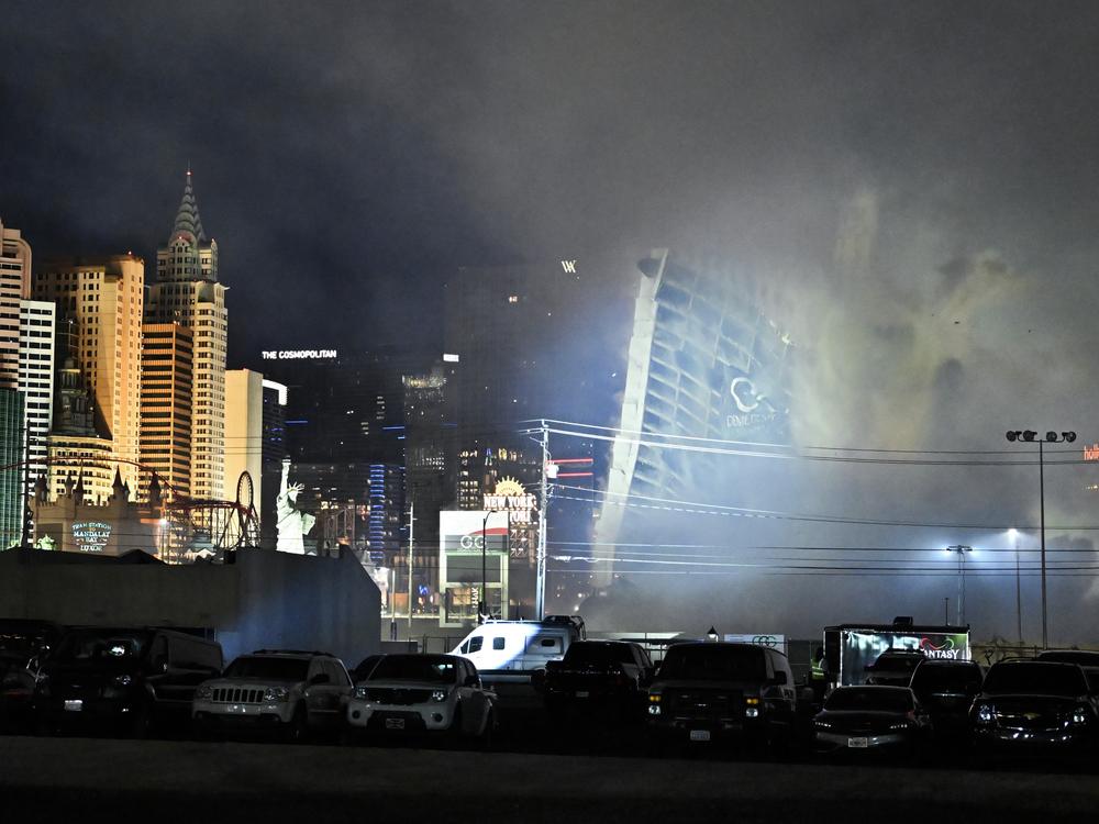 The Tropicana Las Vegas hotel tower is imploded on Wednesday in Las Vegas.